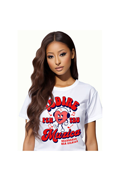StoryGift Romania Tricou Femei cu Inima Vesela Cu Casti Audio Dragoste Muzica cu imprimeu pe Fata,,White_L