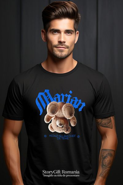 StoryGift Romania Tricou Barbati cu Urs De Plus Maro Intors, Haios, Copii, Jucari, Desene Animate ,Black_S