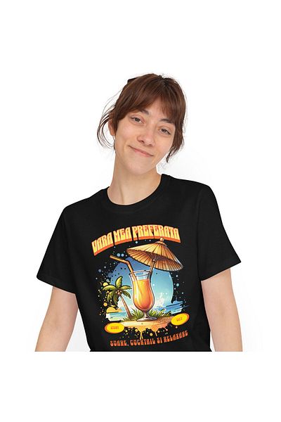 StoryGift Romania Women's T-shirt with Elegant Glass of Fresh Oranges on the Sand Tropical Beach, Cow, Black_S