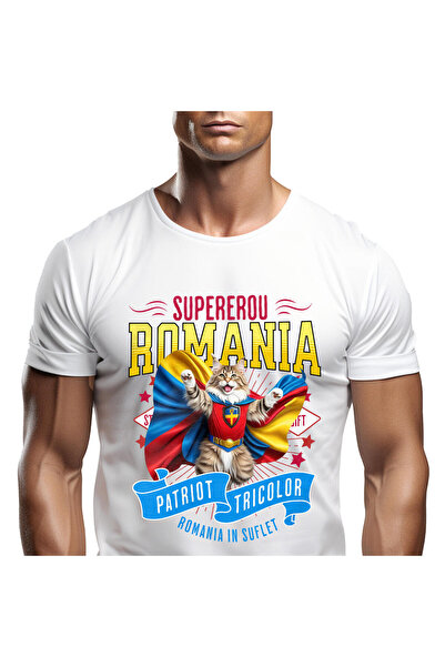 StoryGift Romania Men's T-Shirt with Maine Coon Cat in Captain Romania Costume with Cape, Er,White_XL