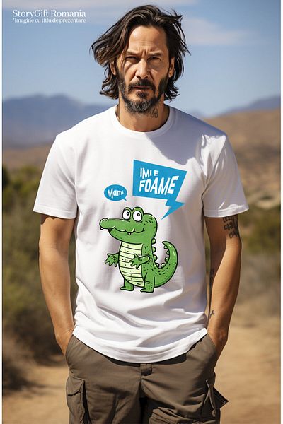 StoryGift Romania Men's T-shirt with Cheerful Crocodile, Cartoon, Dangerous Animal, Kids, White_L
