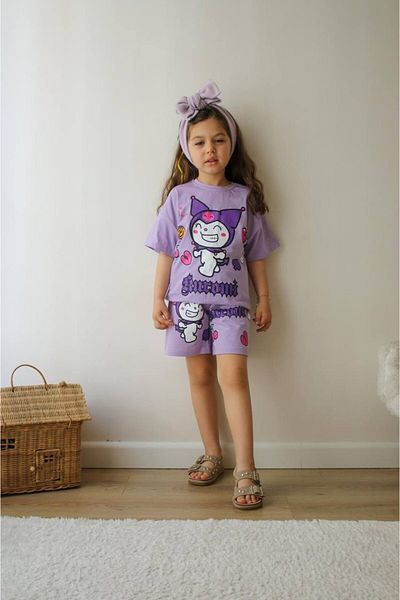 MİNİKO KİDS Girl's Kuromi Model Cycling Collar Cotton Shorts Suit