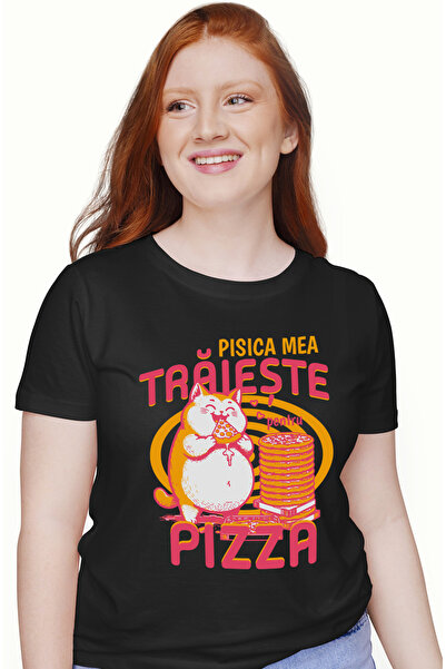 StoryGift Romania Tricou Femei Pisica mancand pizza text pisica traieste pizz...