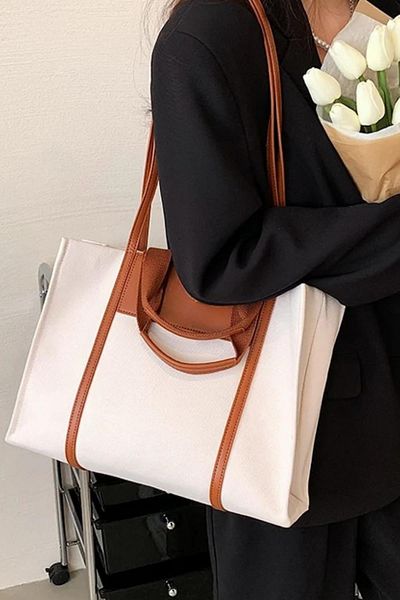 Madamra Tan-Cream Women's Leather Detailed Canvas Tote Bag