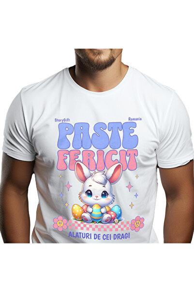 StoryGift Romania Tricou Barbati cu Iepure Alb Copii Cu Oua Colorate Pascal F...