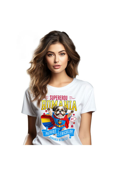 StoryGift Romania Women's T-Shirt with Shih Tzu Dog in Captain Romania Costume with Cape, Hero No, White_S