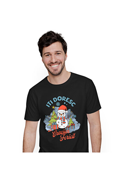 StoryGift Romania Tricou Barbati cu Om De Zapada Vesel Cu Caciula Mos Craciun...