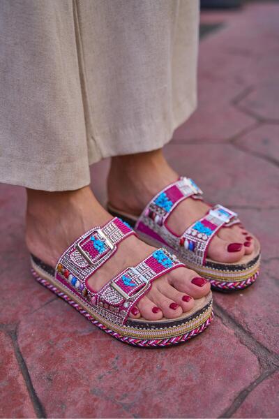 Madamra Fuchsia Women's Stone and Bead Detailed Buckle Platform Slippers