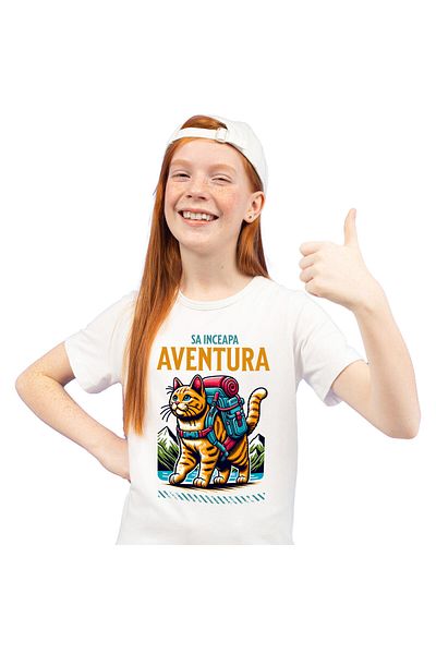 StoryGift Romania Kids T-Shirt with Orange Cat with Backpack Ready for Adventure in the Mountains, Natu, White_8ANI