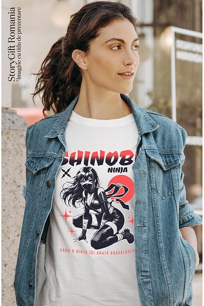 StoryGift Romania Tricou Femei Shinobi fata ninja. Cand o ninja isi arata drag cu imprimeu pe Fat WHT_XS