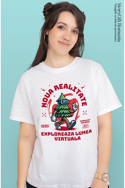 StoryGift Romania Women's T-Shirt with Green Tree with VR Glasses, New Reality Explore the Virtuous World, White_S