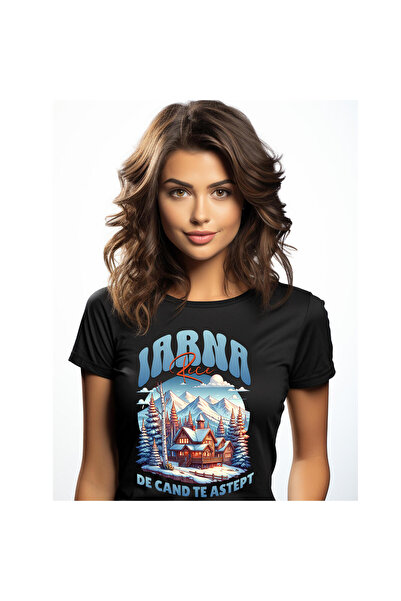 StoryGift Romania Tricou Femei cu Priveliste Cabana in Padure Iarna Zapada, Copii Aventura Superer,Black_XL