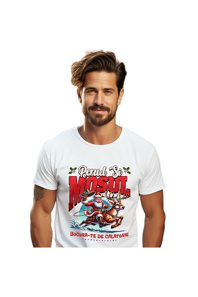 StoryGift Romania Tricou Barbati cu Mos Cracin Pe Ren Impodobit, Cadouri, Viteza, Mos Craciun Cool,White_L