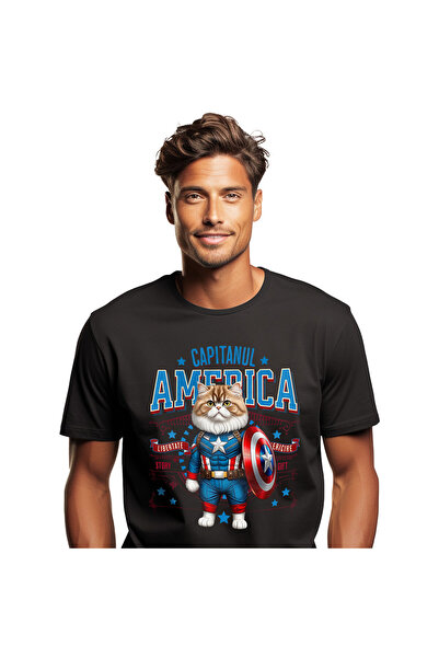 StoryGift Romania Men's T-Shirt with Persian Cat in Captain America Costume with Capes,Black_XL