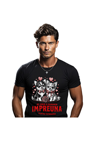 StoryGift Romania Tricou Barbati cu Portret Romantic Cuplu Caini Cu Funde Ros...