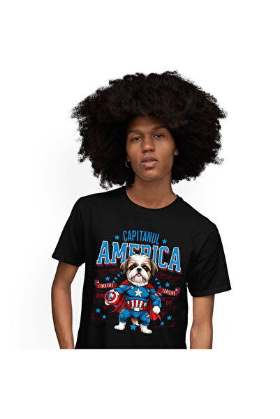StoryGift Romania Tricou Barbati cu Shih Tzu Caine In Costum de Capitan Ameri...