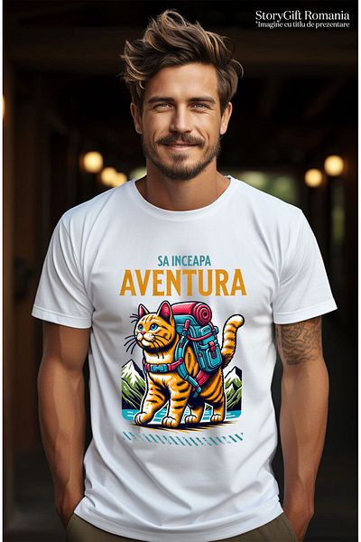 StoryGift Romania Men's T-Shirt with Orange Cat with Backpack Ready for Adventure in the Mountains, Na,White_M