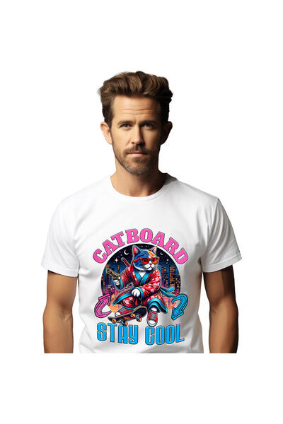 StoryGift Romania Tricou Barbati cu Pisica Cu Tinuta asiatica Skateboard Noap...