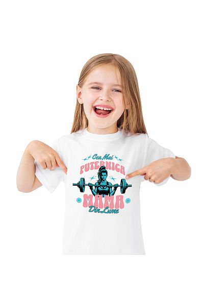StoryGift Romania Tricou Copii cu Femeie Cea Mai Puternica Mama Din Lume Iubire Familie, Energie, ,White_12ANI