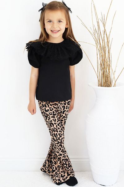 Parla Kids Girl's Lace Detailed Short Sleeve Black Blouse Spanish Leggings Trousers Buckle Top Bottom Set