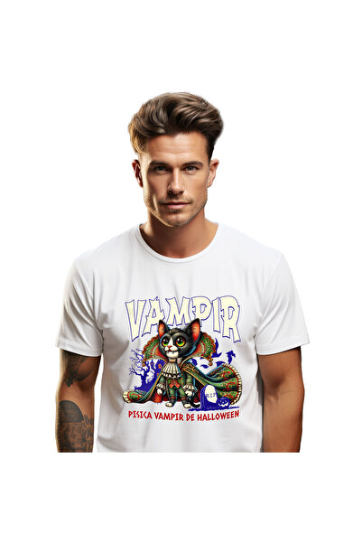 StoryGift Romania Tricou Barbati cu Pisica Regina Vampir Cu Colti ascutiti, V...