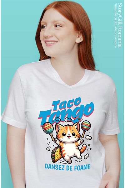 StoryGift Romania Women's T-Shirt with Orange Cat with Tacos Mexican Dancing Animal Lovers with ,White_M
