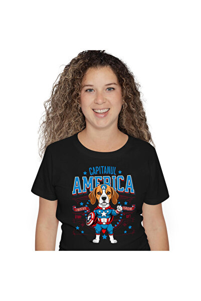 StoryGift Romania Tricou Femei cu boxer Caine In Costum de Capitan America cu Pelerina, Erou Noctu,Black_L