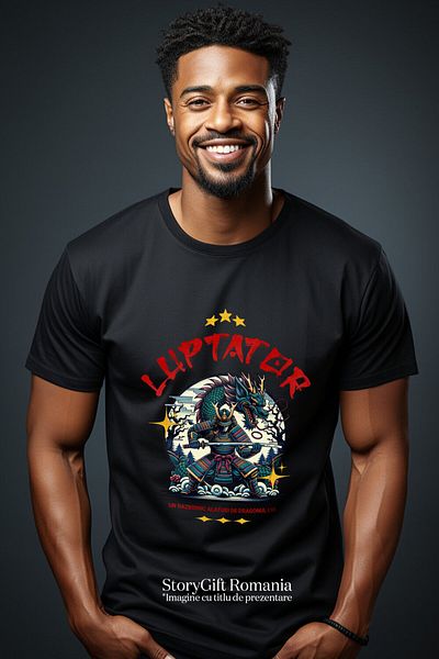 StoryGift Romania Tricou Barbati cu Luptator Cu Armura Si sabie Cultura Chinezeasca Dragon Imens c,Black_S