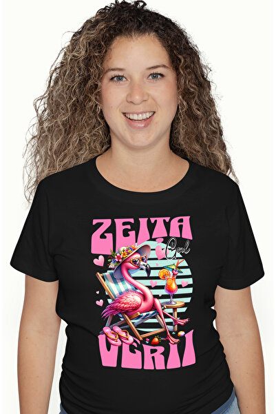 StoryGift Romania Tricou Femei Zeita verii cool pasare flamingo relaxata pe plaja cu imprimeu pe F BLK_L