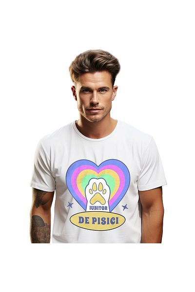 StoryGift Romania Tricou Barbati cu Labuta De Pisica Alba Inima Multicolor, Iubitorii De Motani, A,White_XS