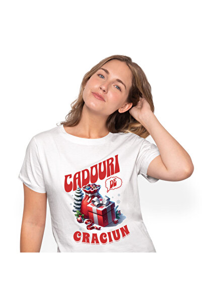 StoryGift Romania Tricou Femei cu Sac De Cadouri Si Cutie Rosie Cu Zapada, Gl...