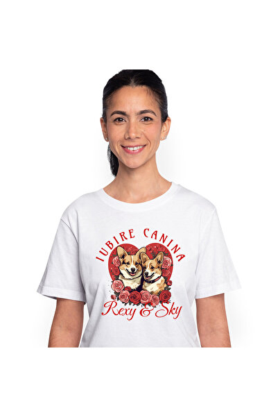 StoryGift Romania Tricou Femei cu Portret Cuplu Valentine's Day Caini Cu Flor...