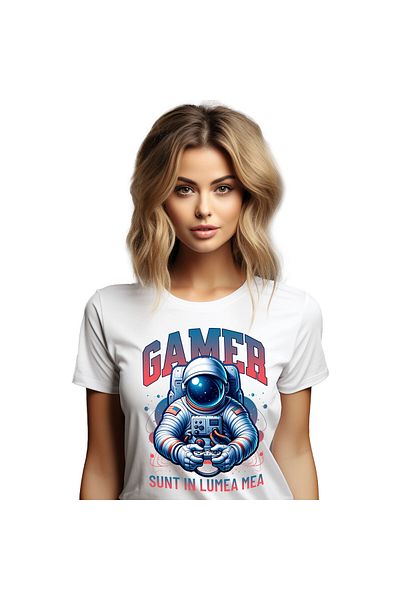 StoryGift Romania Women's T-Shirt with Man in Space Astronaut Costume, Gamer Video Game Controller with ,White_L