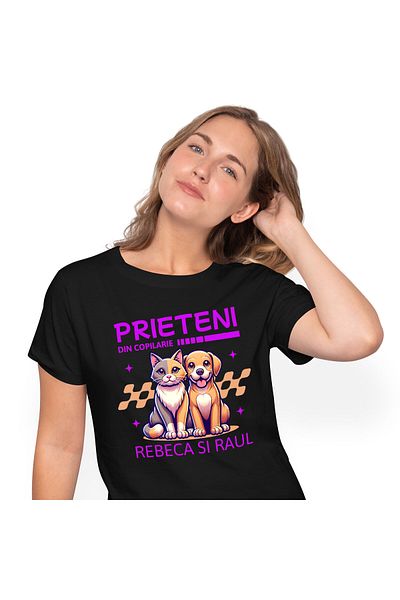 StoryGift Romania Tricou Femei cu Pisica Si Caine Portret Cuplu Animale Prieteni Iubire, cu imprim,Black_XL