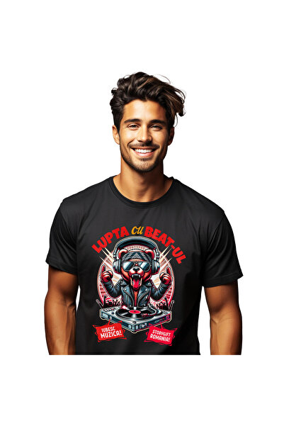 StoryGift Romania Tricou Barbati cu Urs Cu Geaca De Piele Si Limab Scoasa Roc...