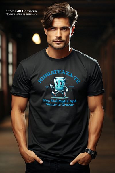 StoryGift Romania Tricou Barbati cu Pahar De Apa Cistalina Mergator Vesel, Animatie, Hidratare, Sa,Black_XS