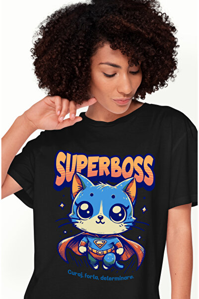 StoryGift Romania Tricou Femei Super BOSS, SuperErou, Pisica Zburand, cu impr...