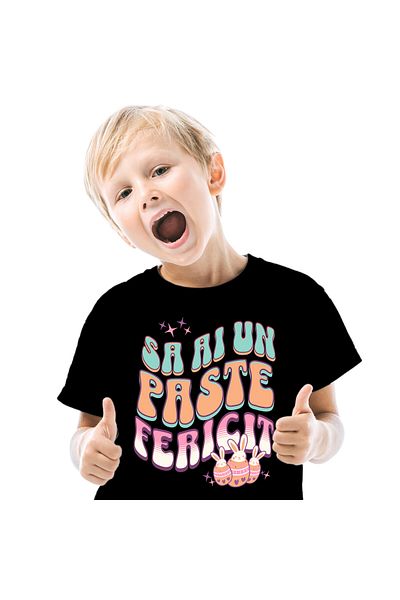 StoryGift Romania Tricou Copii cu Oua Colorate Cu Iepuri Albi, design Multicolor, Paste, Sarbatori,Black_12ANI