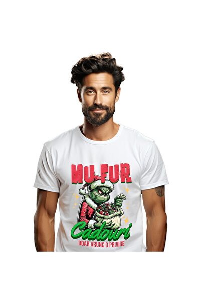 StoryGift Romania Men's T-Shirt with Grinch in Santa Claus Costume Gift Bag, His Curiosity, White_XS