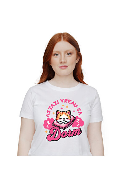 StoryGift Romania Tricou Femei cu Pisica Portocalie Dormind Pe Perna Roz , So...