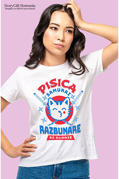 StoryGift Romania Tricou Femei cu Pisica Cu Lacrima Sange Sabii De Ninja Samurai , Animal Blanos, ,White_M