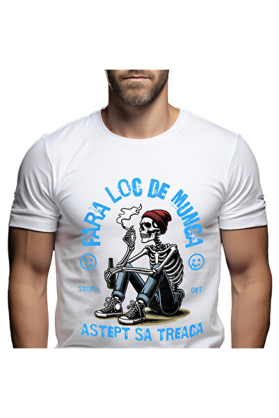 StoryGift Romania Tricou Barbati cu Schelete Uman Cu Tigara Si Bere Munca Obo...