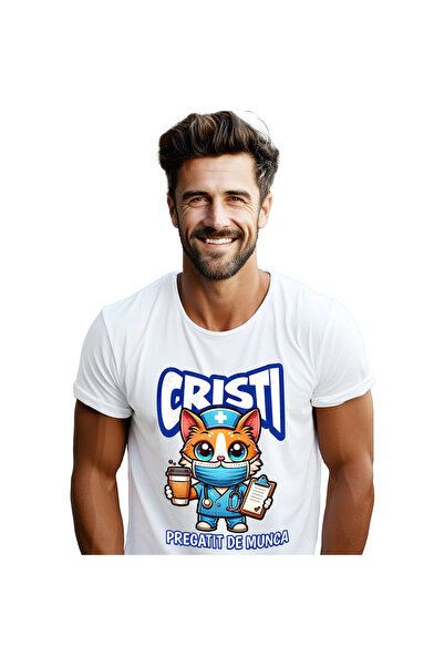 StoryGift Romania Tricou Barbati cu Pisica Galbena Motan In Costum Medical Do...