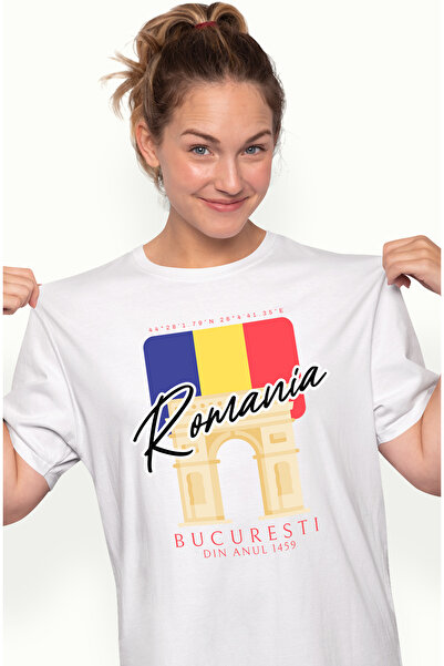 StoryGift Romania Tricou Femei Romania, Bucuresti - Arcul de Triumf, cu imprimeu pe Fata, 100% Bu WHT_S