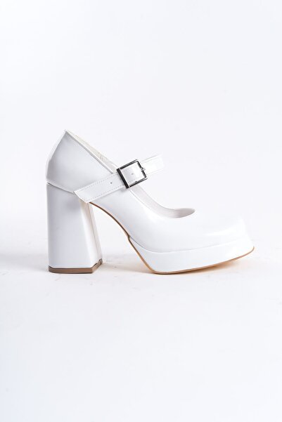 MARSEDO Kadın Küt Burun Platform Atkılı Günlük Klasik Ayakkabı Stiletto Marla Beyaz Rugan