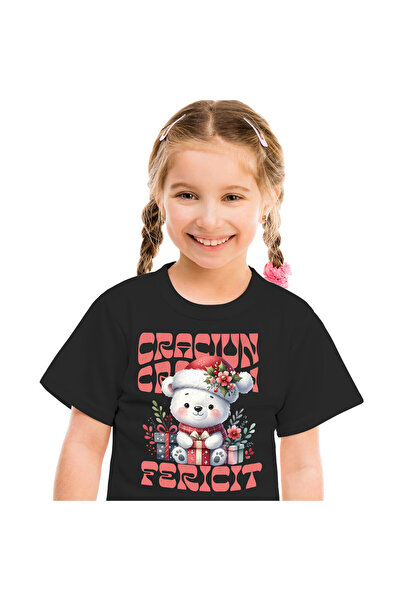 StoryGift Romania Tricou Copii cu Urs Alb Cu Fular Si Caciula Mos Craciun Cad...