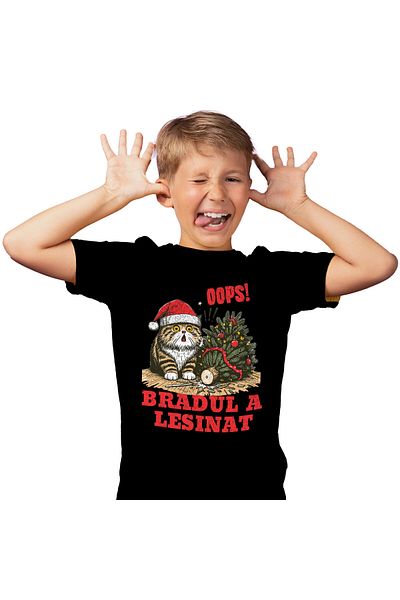StoryGift Romania Tricou Copii cu Pisica Grasa Cu Caciula Mos craciun, Bradul Cazut, Daramat, Anim,Black_6ANI