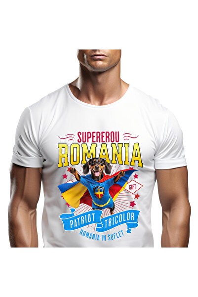 StoryGift Romania Tricou Barbati cu Teckel / Dachshund Caine In Costum de Cap...