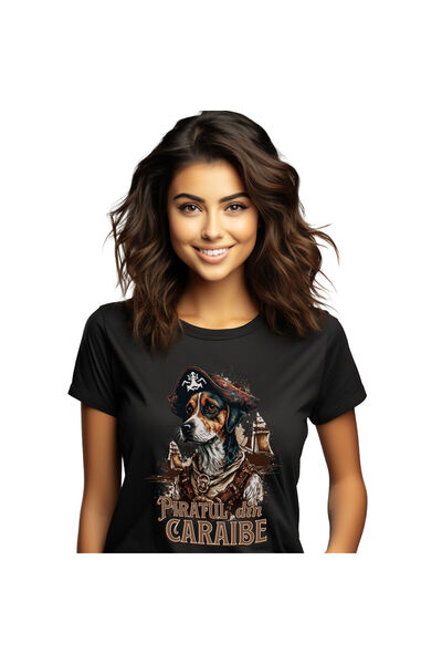 StoryGift Romania Tricou Femei cu Portret Caine Cu Palarie De Pirat Corabie D...