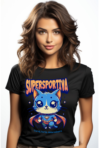 StoryGift Romania Tricou Femei Super Sportiva, SuperErou, Pisica Zburand, cu ...